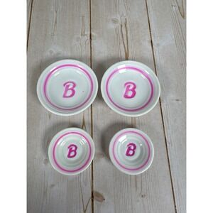 Miniature Ceramic Plates Pink Monogram B Set of 4 Dollhouse Barbie Accessories
